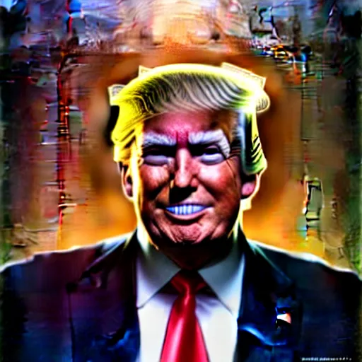 Image similar to portrait painting of donald trump in heaven, happy smile on his face, ultra realistic, concept art, intricate details, eerie, highly detailed, photorealistic, octane render, 8 k, unreal engine. art by artgerm and greg rutkowski and magali villeneuve and alphonse mucha