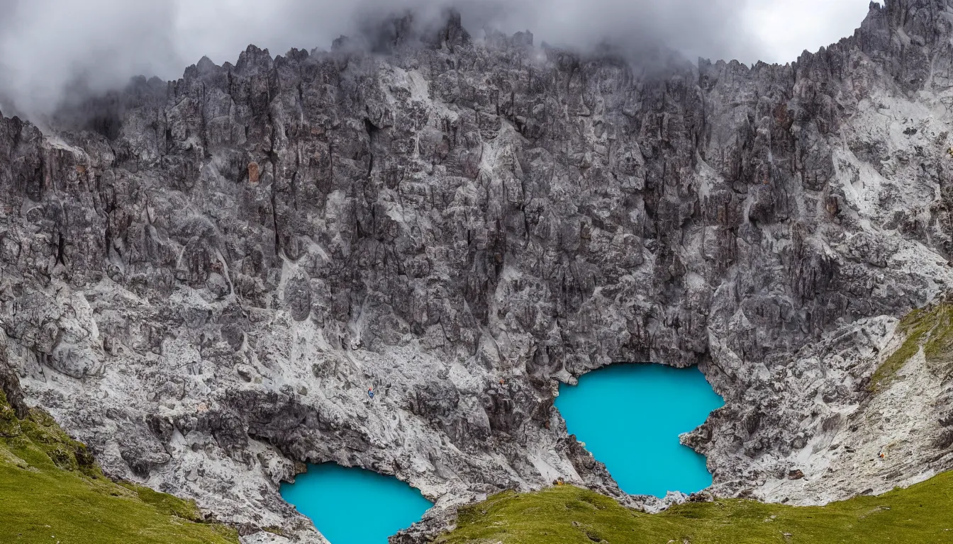 Prompt: lava lake in the dolomites mountains