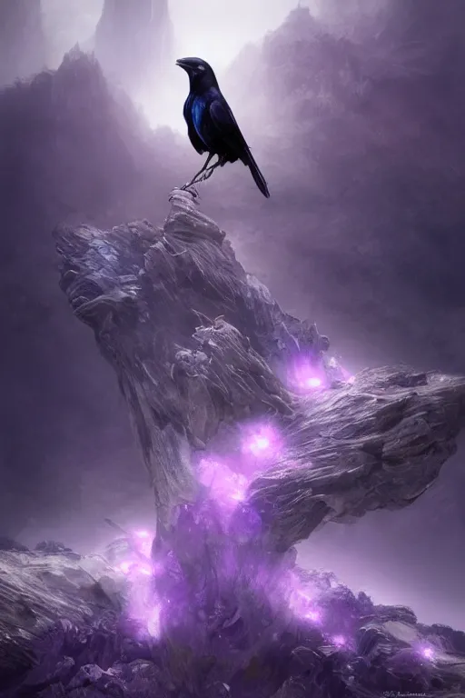 Image similar to portrait of a beautiful one raven perched on purple crystals that are glowing in a misty valley, establishing shot, extremly high detail, foto realistic, cinematic lighting, by yoshitaka amano, ruan jia, kentaro miura, artgerm, post processed, concept art, artstation, raphael lacoste, alex ross