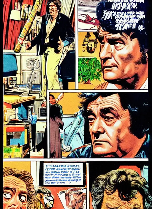 Image similar to Columbo in Creepshow (1982), comic book panels, artwork by Bernie Wrightson, full color, detailed