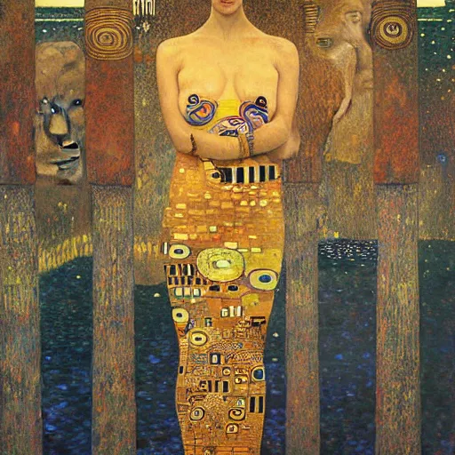 Image similar to portrait of a surreal goddess floating in front of a futuristic ancient Atlantis, painting by Gustav Klimt and Greg Rutkowski