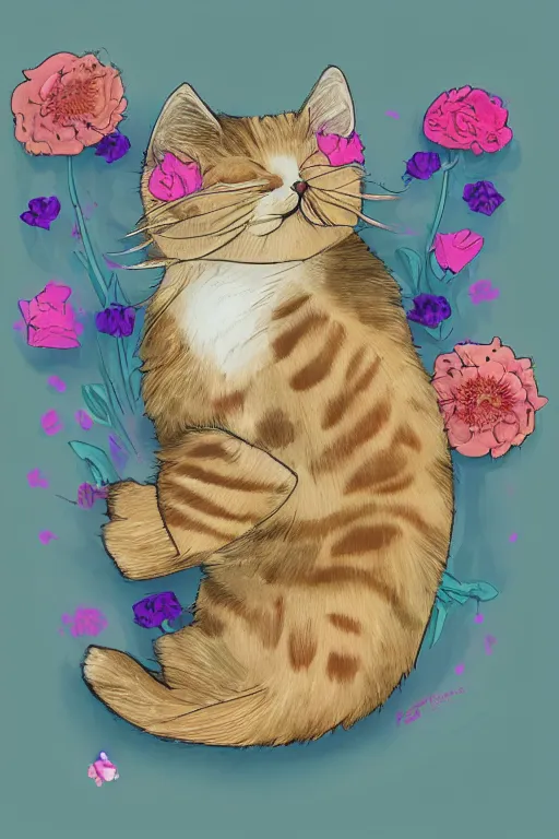 Image similar to a digital art of a cat sleeping in the room with flowers around in the afternoon, the sun shines in, storybook art, detailed, cute, profile shot, featured on artstation