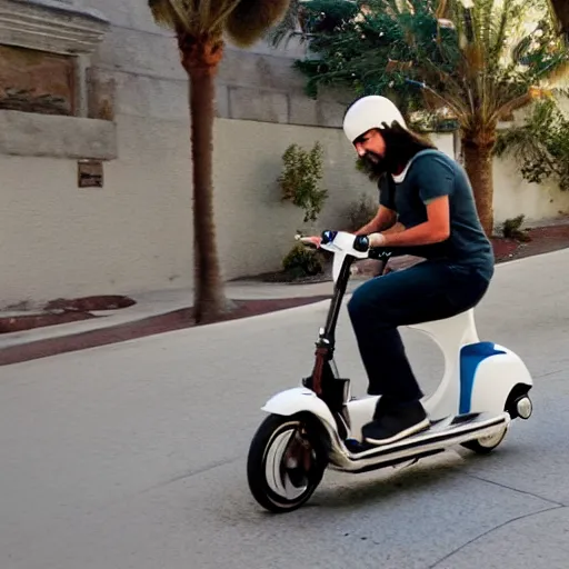 Image similar to photo of jesus riding a scooter in california, high detail, cinematic,