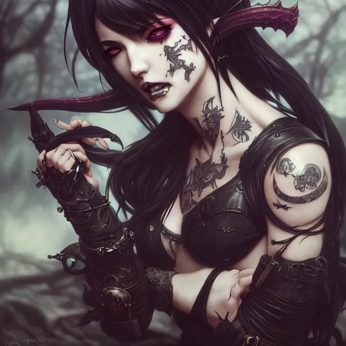 Image similar to anime female, fangs, goth, tattoos, leather, fantasy, intricate details, eerie, highly detailed, octane render, 8 k, art by artgerm and alphonse mucha and greg rutkowski