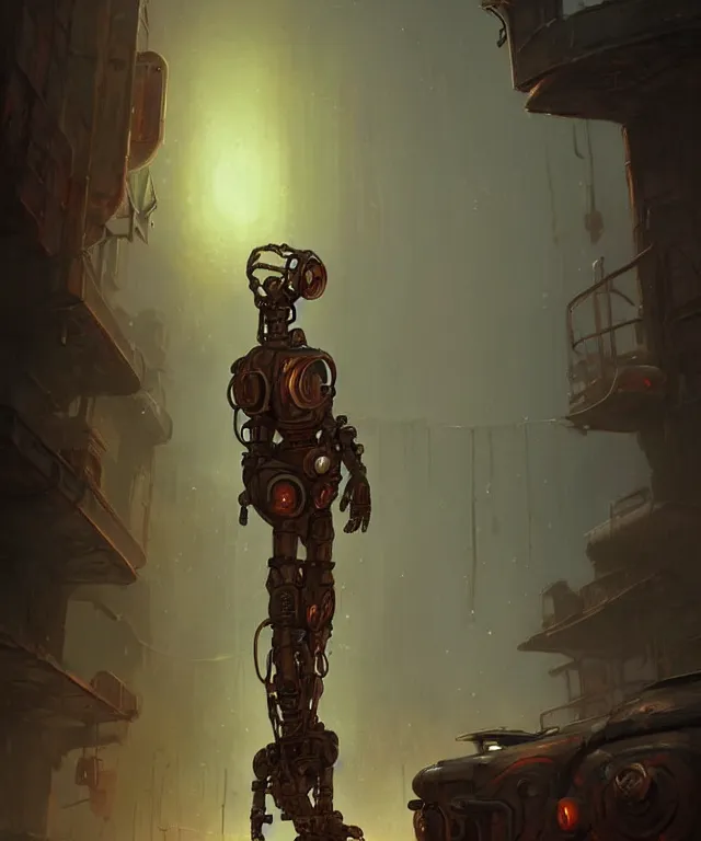 Image similar to an rusty old vintage sci - fi robot, standing an abandoned alleyway, dnd character art portrait, matte fantasy painting, deviantart artstation, by jason felix by steve argyle by tyler jacobson by peter mohrbacher, cinematic lighting