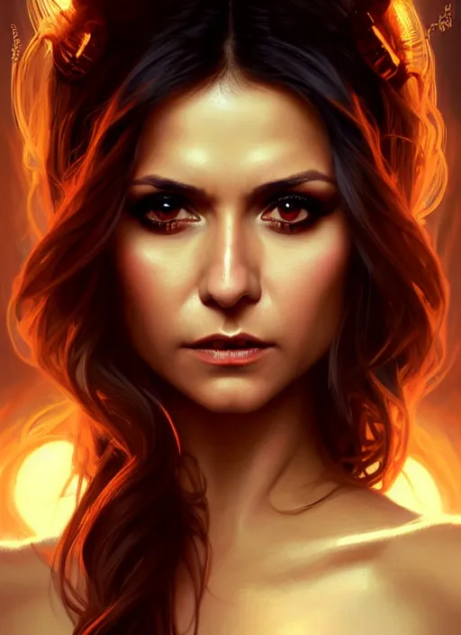 Prompt: portrait of nina dobrev as a sexy sultry vampire queen, jewelry, greek, ruby, intricate, headshot, highly detailed, digital painting, artstation, concept art, sharp focus, cinematic lighting, illustration, art by artgerm and greg rutkowski, alphonse mucha, cgsociety