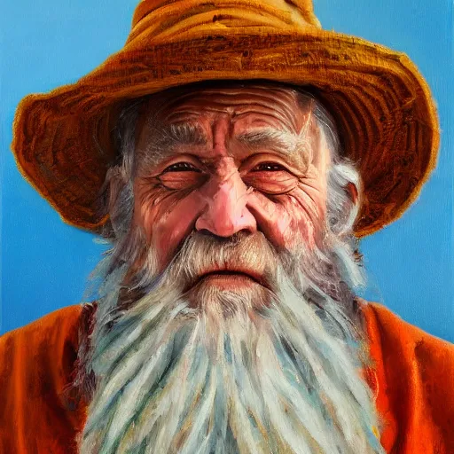 Prompt: realistic portrait painting of a wizened wrinkled old bearded fisherman, centered composition, oil on canvas