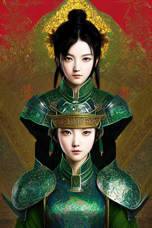 Image similar to portrait black hair young knights of Dynasty Warriors girl, metallic green armor, in ruin fire chinese palace sunrise, ssci-fi and fantasy, intricate and very beautiful and elegant, highly detailed, digital painting, soft light, artstation, concept art, smooth and sharp focus, illustration, art by tian zi and WLOP and alphonse mucha