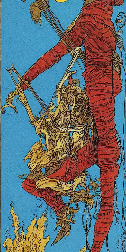 Prompt: the tarot card of the charriot painted by moebius.