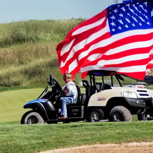 Prompt: donald trump riding a nuke, dirt bikes, golf cart, america flag, prison