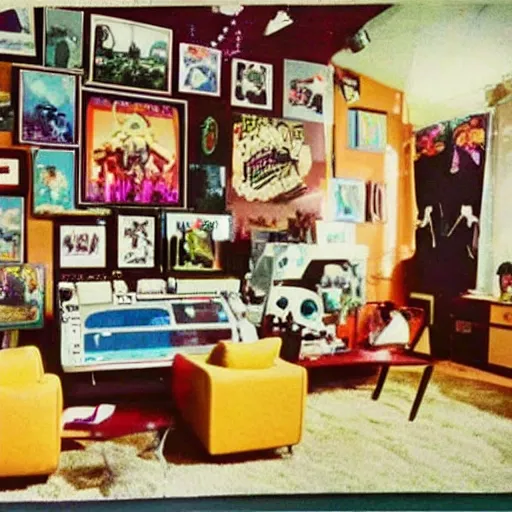 Image similar to 1990s Hi-8 footage of a nostalgic room decorated in Pop culture from the 1990s, nostalgic, vintage