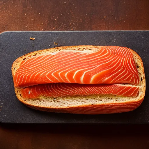 Image similar to hot slices of bread filled with freshly - caught salmon and red apple, 8 k resolution, food photography, studio lighting, sharp focus, hyper - detailed