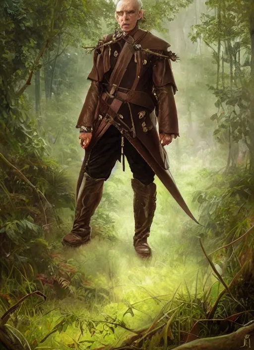 Prompt: a portrait painting of a grim fighter male hobbit wearing leather armor on a beautiful lush forest meadow, morning, art by Tristan Eaton, Stanley Artgerm, Tom Bagshaw, Greg Rutkowski, Carne Griffiths
