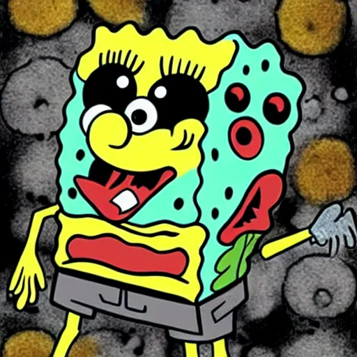 Image similar to spongebob squarepants, evil!!!!!!! sharp teeth, horror, in the style of phil jimenez