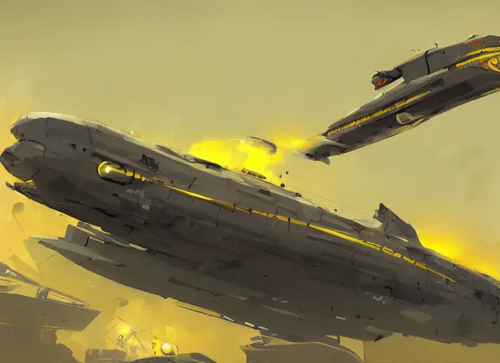 Prompt: a painting of a futuristic yellow submarine plane flying through the sky, light cloud, concept art by Ian McQue, cgsociety, highly detailed, artstation, concept art, sci-fi