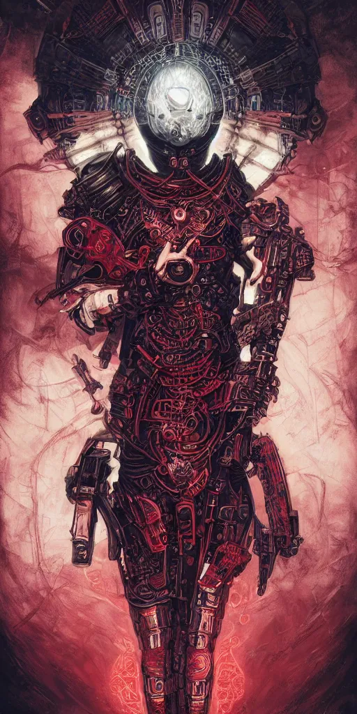 Image similar to cyberpunk warrior praying to the Core,red and black, detailed linework, cinematic, psychedelic, black paper, ornate, symmetrical, tarot card, highly detailed, ink illustration, style of peter mohrbacher, golden ratio, 8k,