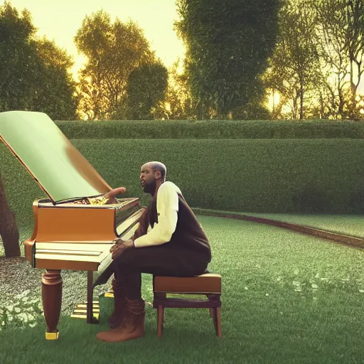 Prompt: Kanye West playing the piano in the middle of a garden, vintage camera, dreamy, atmospheric, golden hour, cinematic lighting, 8K concept art