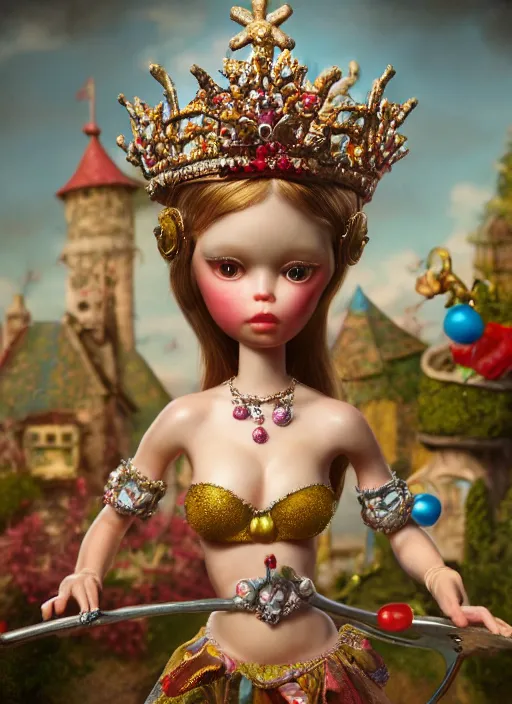Image similar to highly detailed closeup, profile portrait of a tin toy fairytale princess wearing a crown, bikini, unreal engine, nicoletta ceccoli, mark ryden, earl norem, lostfish, global illumination, detailed and intricate environment