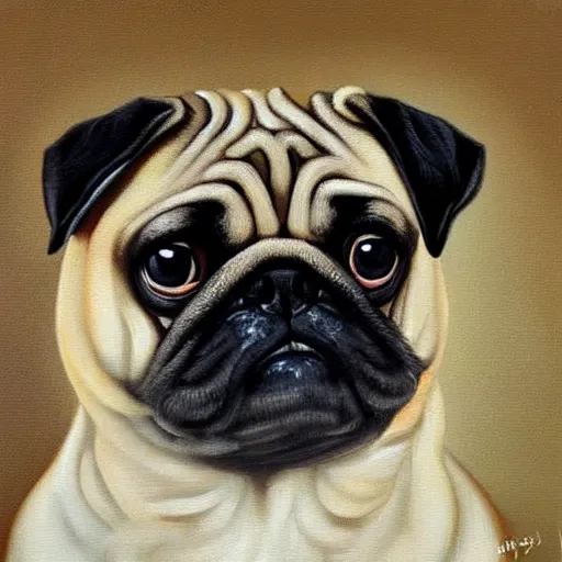 Image similar to oil painting, a emo pug, intricate, masterpiece, artstation, stunning