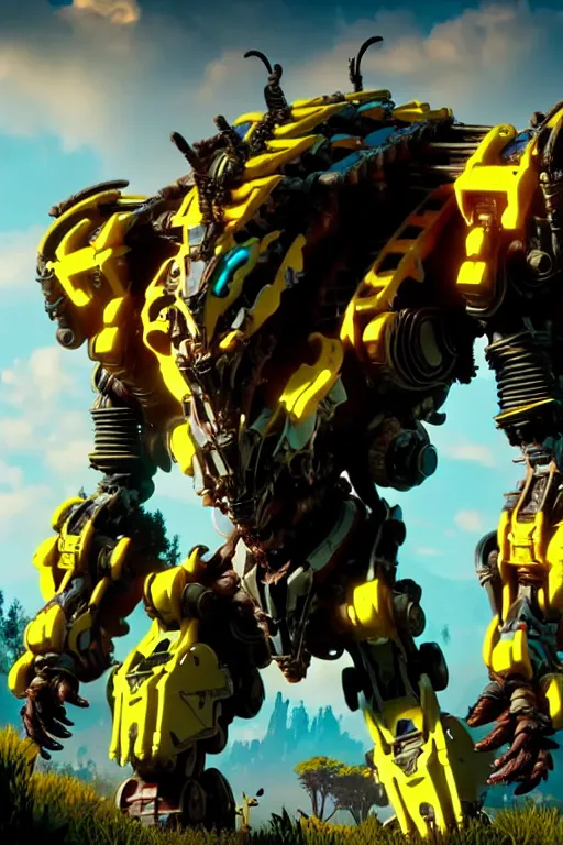 Prompt: a cinematic still from horizon zero dawn, yellow humanoid, yellow bumblebee mech, decepticon armor plating, octane render, nvidia raytracing demo, masterpiece, aged armor plating, aggressive head,