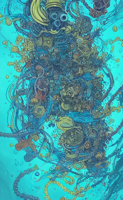 Image similar to a picture of mysterious colourful underwater creature, being discovered by a man in a steampunk diving suit. water is deep aquamarine coloured. poster art by james jean, concept art, behance contest winner, very detailed, award - winning. lovecraftian, cosmic horror, bioluminescence.