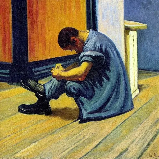 Image similar to “ here ’ s a man with a smile like god ’ s shoeshine by edward hopper and gogh ”