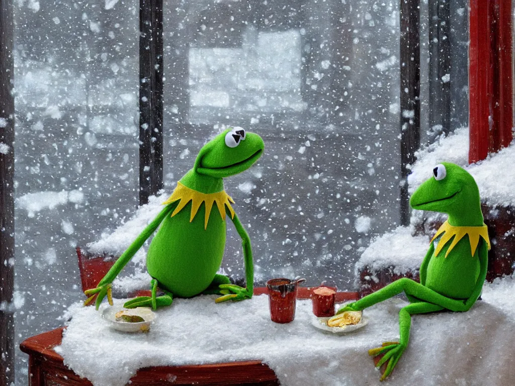 Prompt: Kermit the frog sits as it snows in the interior of a bourgeoise room, Still life with snow.