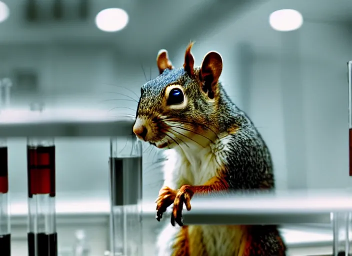 Image similar to film still of a squirrel working in a research lab filling test tubes, 8 k