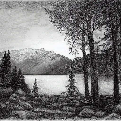 Image similar to a drawing of lago di sorapis, in the style of den yakovlev, black and white, hyper realistic, highly detailed