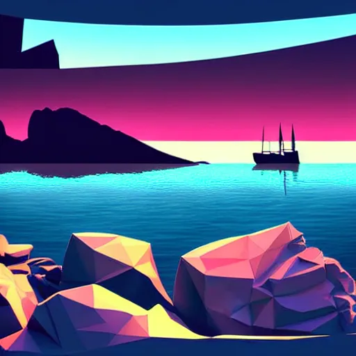 Image similar to super detailed color lowpoly art, northern sunset with rocks on front, monochrome photorealistic bay in the middle of perspective and mountains at background, big graphic vessel, unreal engine, high contrast color palette, 3 d render, lowpoly, colorful, digital art, perspective, full volume composition, robb cobb, robert mccall, syd mead