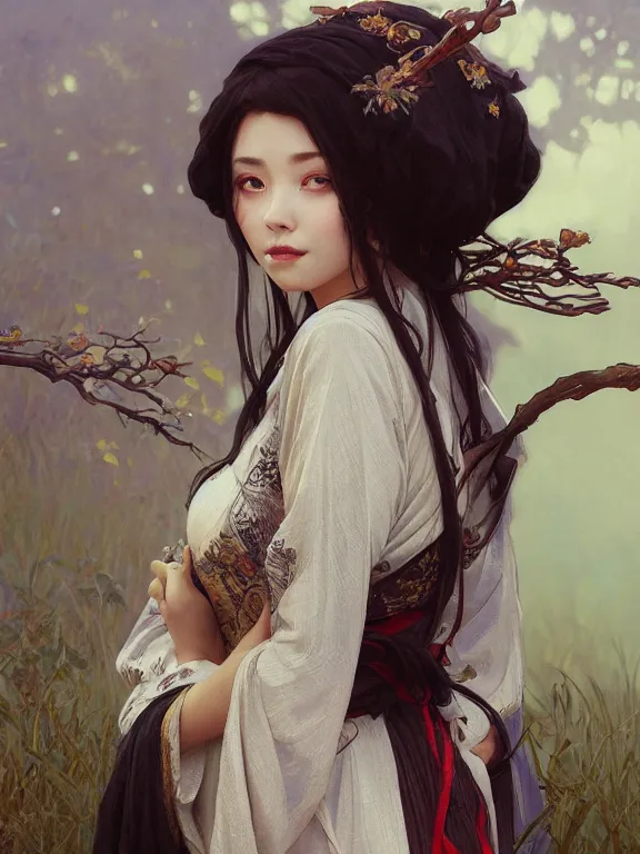 Image similar to portrait of a beautiful seductive slightly plump european girl wearing hanfu, farm background, fantasy, d & d, dark eyeliner, intricate, elegant, highly detailed, digital painting, artstation, concept art, matte, sharp focus, illustration, art by greg rutkowski and alphonse mucha