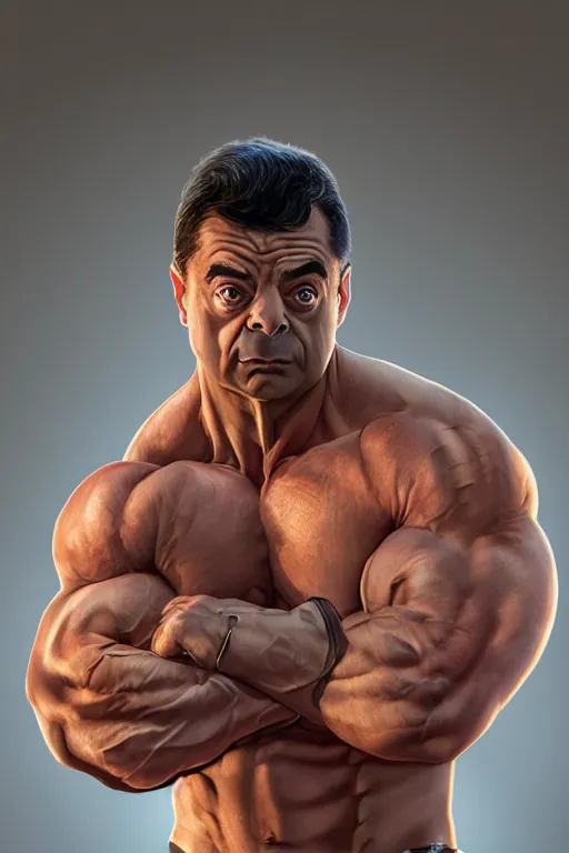 Image similar to upper body portrait of a hulking bulky swole steroids musclebound huge bodybuilder muscular herculean chiseled mr bean rowan atkinson, cinematic lighting, photorealistic, octane render, 8 k, depth of field, 3 d, art by artgerm and greg rutkowski and alphonse mucha and uang guangjian and gil elvgren and sachin ten