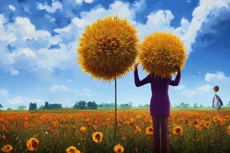 Prompt: giant thistle flower head, a girl in a suit in a field of flowers, surreal photography, sunrise, blue sky, dramatic light, impressionist painting, digital painting, artstation, simon stalenhag