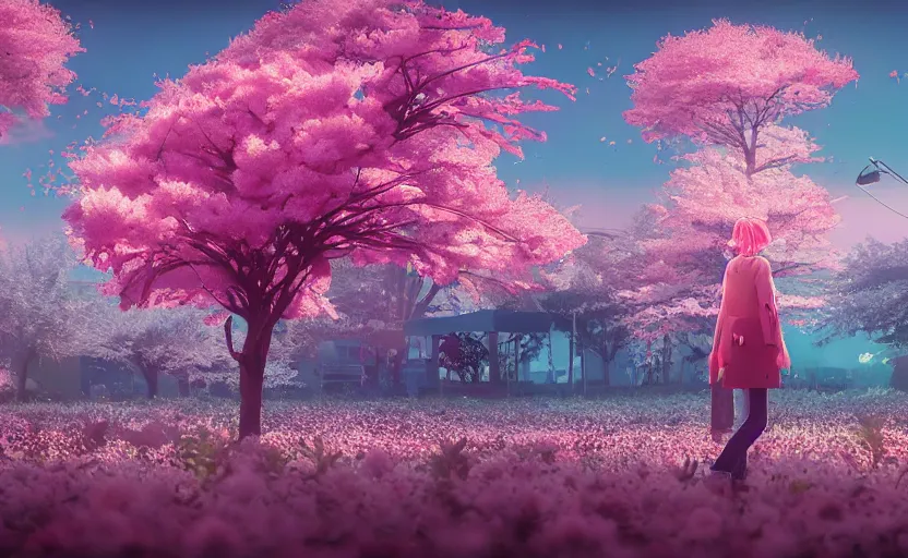 Image similar to queen of cherry blossoms, Low level, rendered by Beeple, Makoto Shinkai, syd meade, simon stålenhag, synthwave style, digital art, unreal engine, WLOP, trending on artstation, 4K UHD image, octane render,