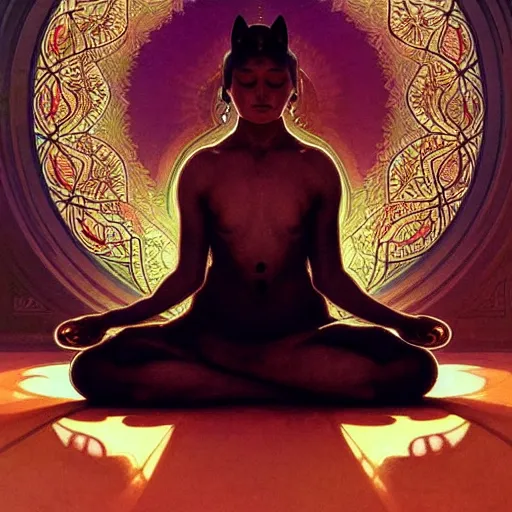 Prompt: a cat meditating in lotus position, emiting mystical light, intricate, elegant, highly detailed, my rendition, digital painting, artstation, concept art, smooth, sharp focus, radiant light, illustration, art by artgerm and greg rutkowski and alphonse mucha