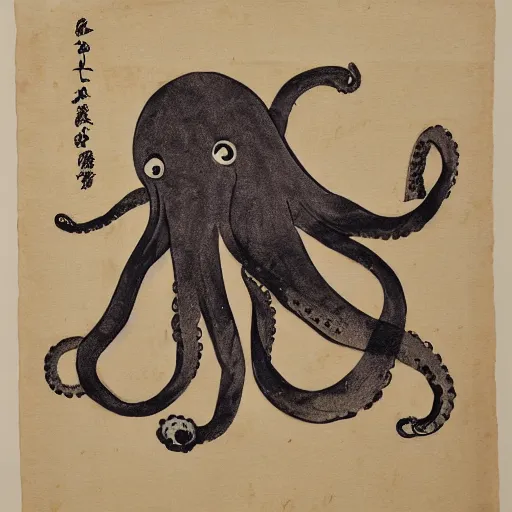 Image similar to a pig - octopus, calligraphy, ink on japanese rice paper