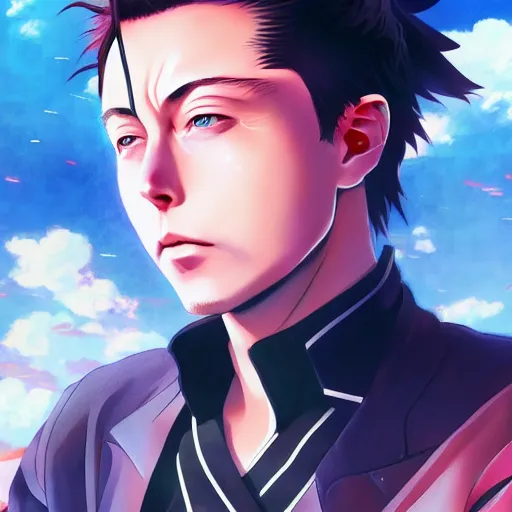 Image similar to anime portrait of elon musk as an anime boy by Stanley Artgerm Lau, WLOP, Rossdraws, James Jean, Andrei Riabovitchev, Marc Simonetti, and Sakimichan, trending on artstation