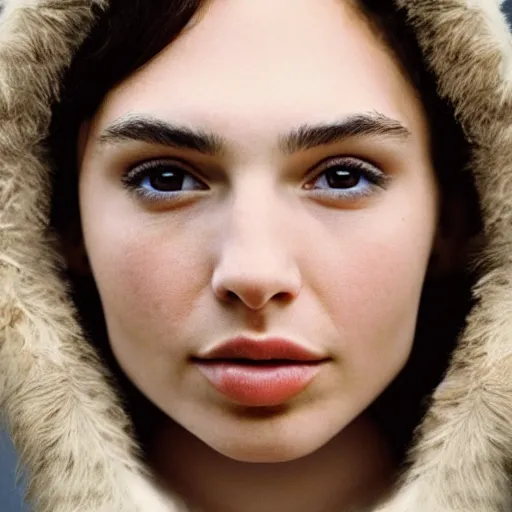 Image similar to a masterpiece portrait photo of a beautiful young woman who looks like an eskimo gal gadot, symmetrical face