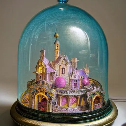 Prompt: miniature tabletop castle under an ornate glass dome, by paulette tavormina and vermeer, intense pastel colors, hyper realistic, detailed, beautiful bright lighting