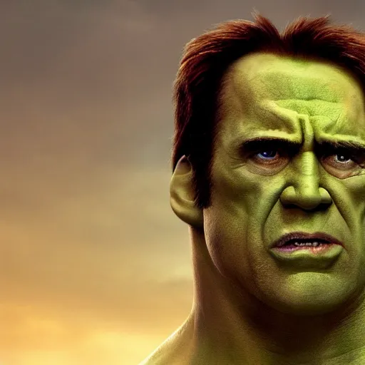 Image similar to nicholas cage as the hulk, gritty portrait, film still