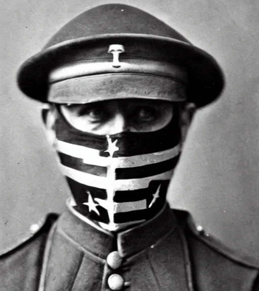 Image similar to a soldier wearing a scary mask in distance, ww1 film photo, grainy, high detail, high resolution