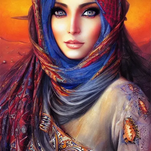 Image similar to a beautiful arabian woman in the sahara desert by karol bak, ayami kojima, artgerm, arabian beauty, blue eyes, smile, concept art, fantasy