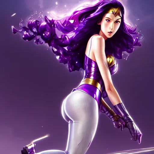 Prompt: A wide-shot anime still of purple-haired Gal Gadot sliding on knees by Stanley Artgerm Lau, WLOP, Rossdraws, James Jean, Andrei Riabovitchev, Marc Simonetti, and Sakimichan, trending on artstation