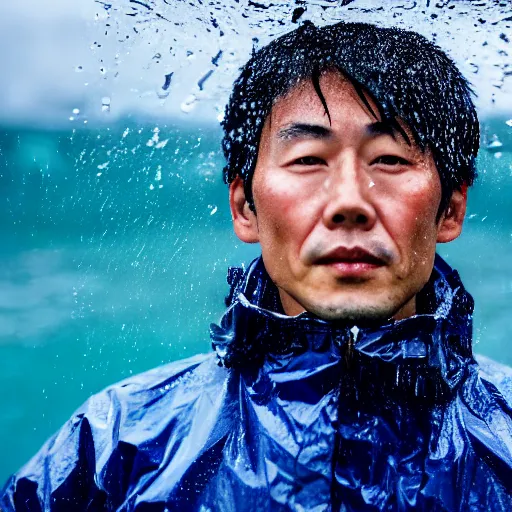 Image similar to a close up photographic portrait of a handsome japanese man stands in the ocean wearing wet weather gear looking worried taken by annie leibowitz. cinematic lighting, blue background colour, 5 0 mm, subsurface scatter, bladerunner sci fi.