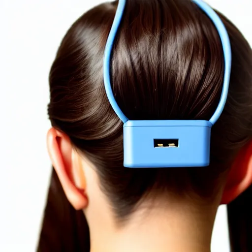 Image similar to usb cable plugged in, back of head, woman, computer, hair clip