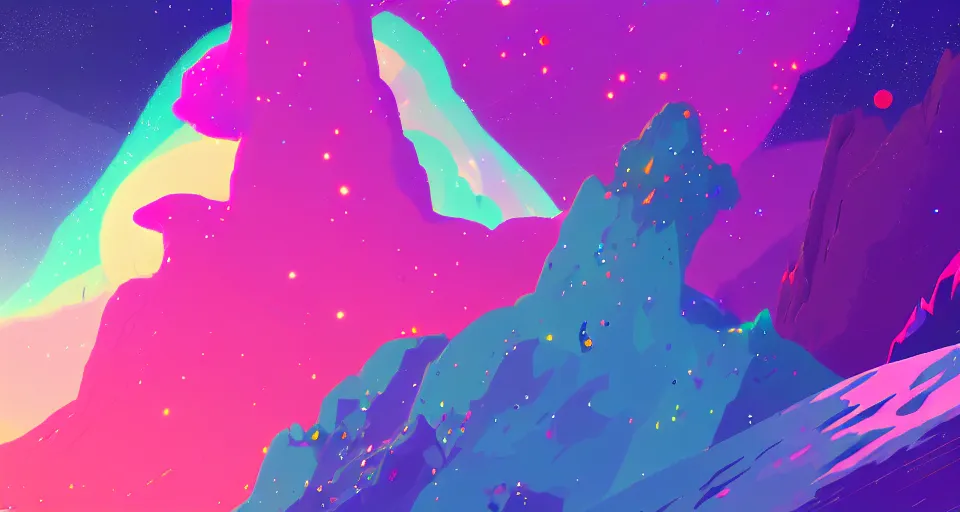 Prompt: galactic mountains surrounded with spiriling sparkling rainbow crystals and galaxies, hyper light drifter color pallet, trending on artstation