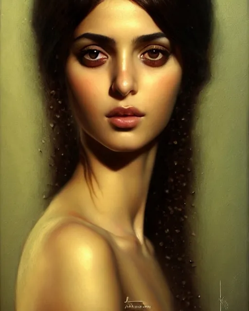 Image similar to a highly realistic, true to life portrait of a beautiful young middle eastern girl, sharp focus, from the waist up, under studio lighting, taken with a canon eos camera with 1 3 5 mm focal length, art by karol bak, james jean, tom bagshaw, trending on artstation,