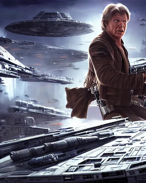 Image similar to portrait of han solo on the millennium falcon, harrison ford,, star wars, gta v, hyper realistic, ambient lighting, concept art, intricate, hyper detailed, smooth, action, volumetric lighting, george lucas, arney fretag, ralph mcquarrie, octane