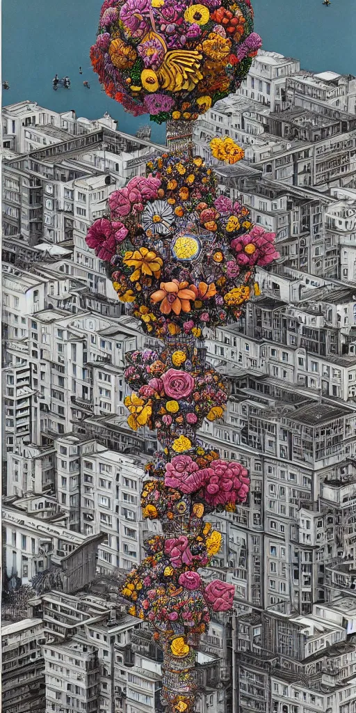 Image similar to colossal MC Escher flower in the middle of post soviet constructivist cityscape, Stalinist architecture, ultradetailed, Intricate by Hayao Miyazaki and Josan Gonzalez and Giuseppe Arcimboldo and Wes Anderson and H.R. Giger