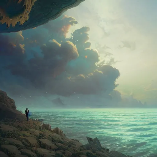 Image similar to epic view to sea with platforms, stephen bliss, unreal engine, fantasy art by greg rutkowski, loish, rhads, ferdinand knab, makoto shinkai and lois van baarle, ilya kuvshinov, rossdraws, tom bagshaw, alphonse mucha, global illumination, radiant light, detailed and intricate environment